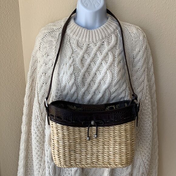 Brighton Weaved Straw Croc Embossed Leather Trudy Rattan Purse Shoulder Bag - Picture 2 of 11
